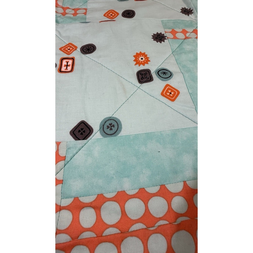 Handmade Baby Quilt Blanket Aqua Orange Geometric Patchwork 45x56 Cotton - Picture 3 of 5